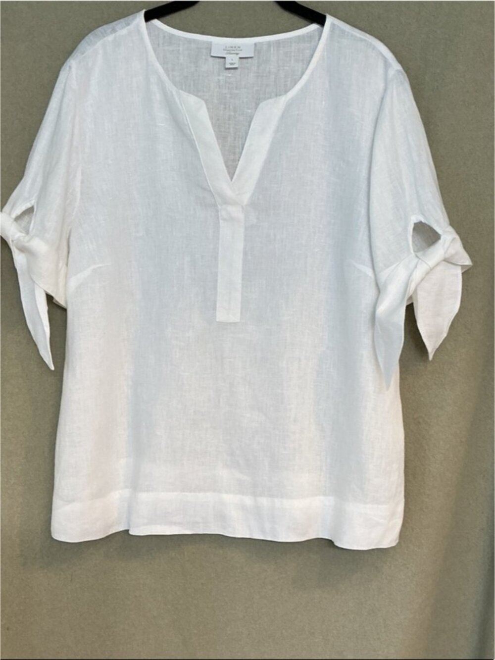 White Linen Split-Neck Tie-Sleeve Top